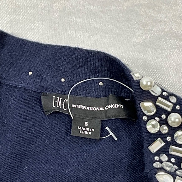 INC Women’s Embellished Cold Shoulder Sweater Navy Beaded Neckline Size S NWT - Picture 8 of 12